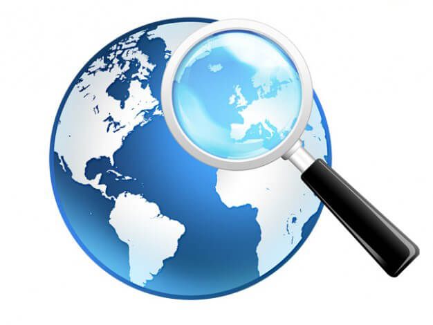 cartoon globe under magnifying glass