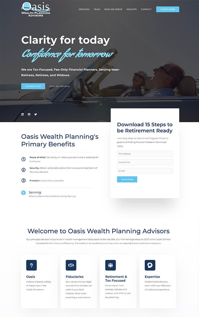 Financial advisor website case study of Oasis Wealth Planning Advisors home web page