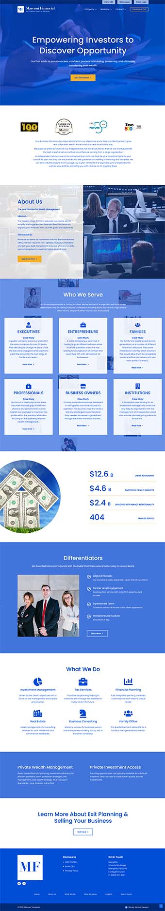 Screenshot of the Marconi financial advisor website template home page from Advisor Designs